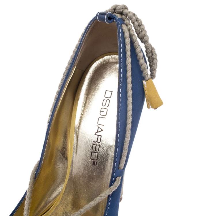 Pre Owned Dsquared2 Blue Nubuck And Jute Trim Embellished Open Toe Block Heel Pumps Size 38