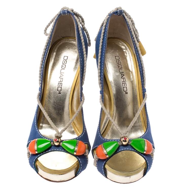 Pre Owned Dsquared2 Blue Nubuck And Jute Trim Embellished Open Toe Block Heel Pumps Size 38