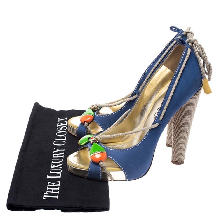 Pre Owned Dsquared2 Blue Nubuck And Jute Trim Embellished Open Toe Block Heel Pumps Size 38