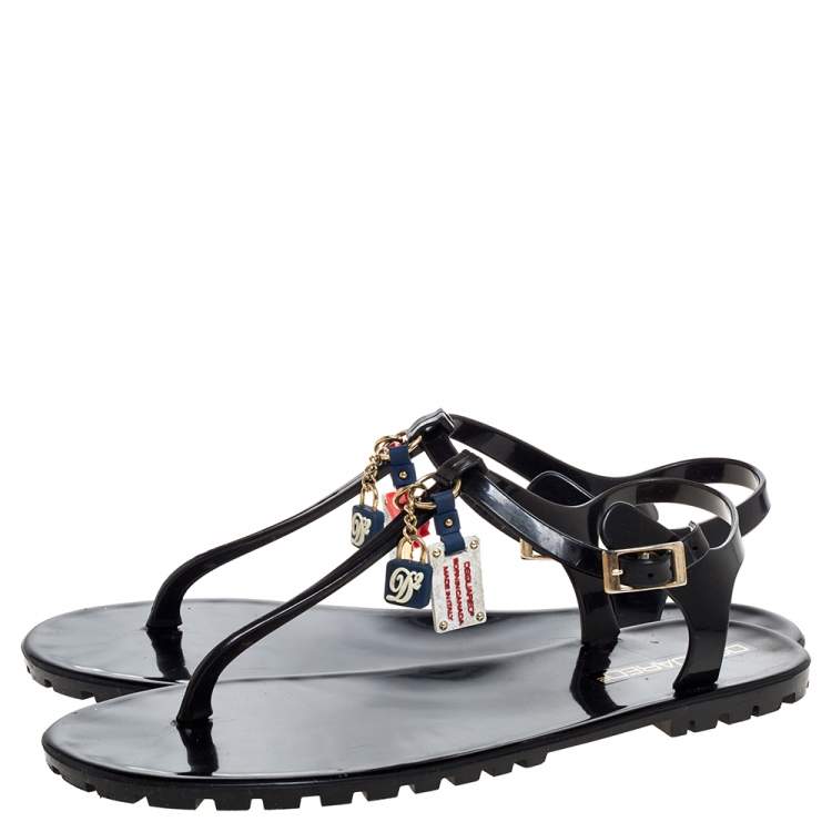 Pre Owned Dsquared2 Black Jelly Key Embellishment T-Strap Flats Size 41