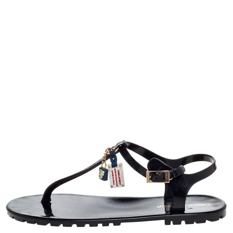 Pre Owned Dsquared2 Black Jelly Key Embellishment T-Strap Flats Size 41