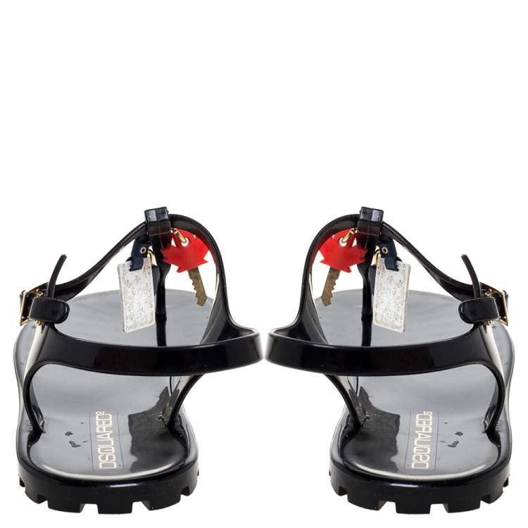 Pre Owned Dsquared2 Black Jelly Key Embellishment T-Strap Flats Size 41