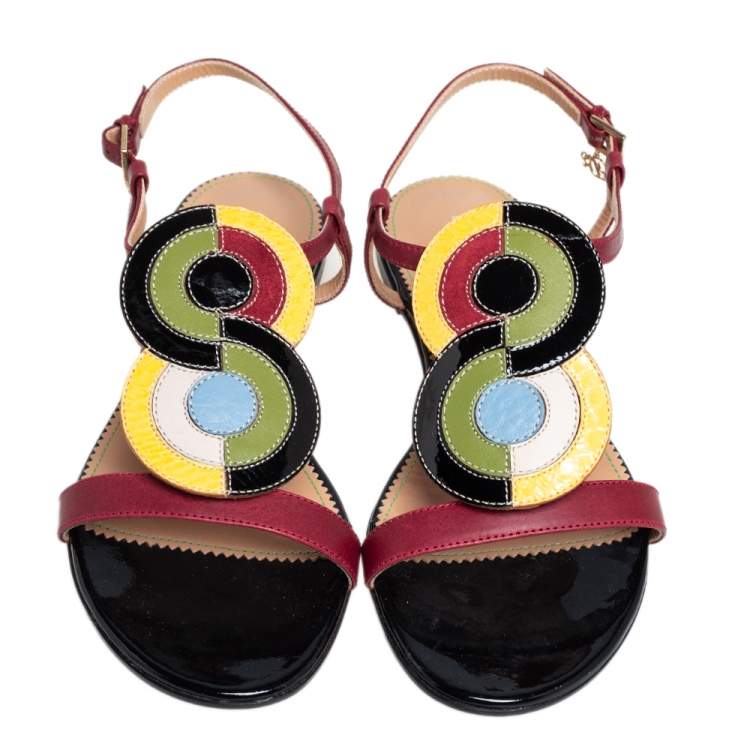 Pre Owned Dsquared2 Multicolor Leather And Patent Ankle Strap Flats Sandals Size 38.5