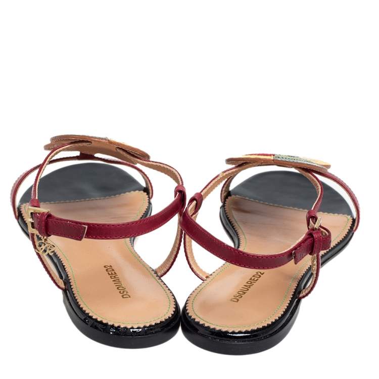 Pre Owned Dsquared2 Multicolor Leather And Patent Ankle Strap Flats Sandals Size 38.5