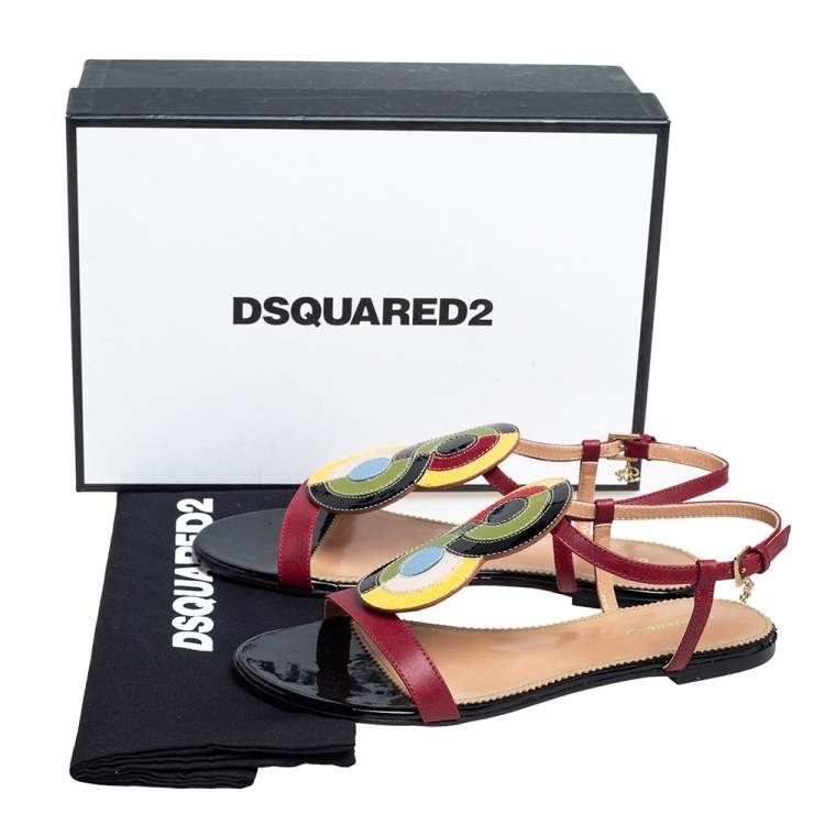 Pre Owned Dsquared2 Multicolor Leather And Patent Ankle Strap Flats Sandals Size 38.5