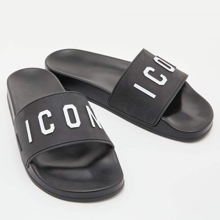Pre Owned Dsquared2 Black Rubber Icon Flat Slides Size 40