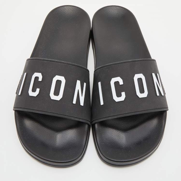 Pre Owned Dsquared2 Black Rubber Icon Flat Slides Size 40