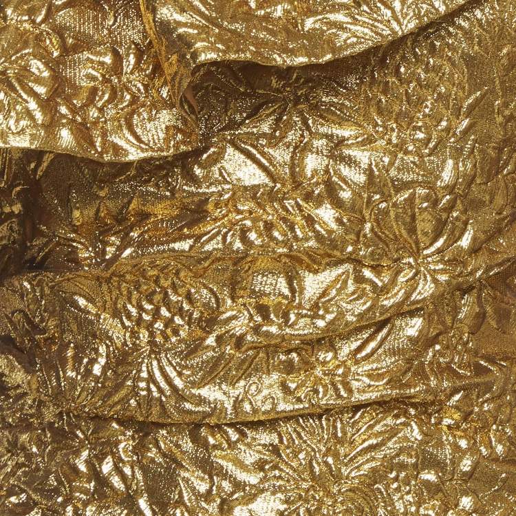 Pre Owned Dundas Metallic Gold Embossed One Shoulder Mini Dress S