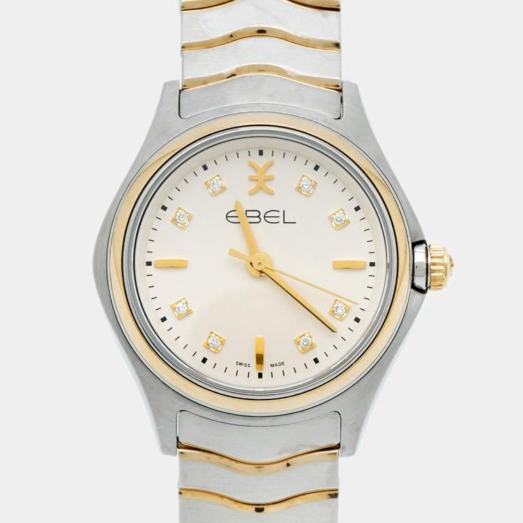 Pre Owned Ebel  Cream 18K Yellow Gold Two-Tone Stainless Steel Diamond Wave 03.1.15.1034 Women's Wristwatch 30 mm