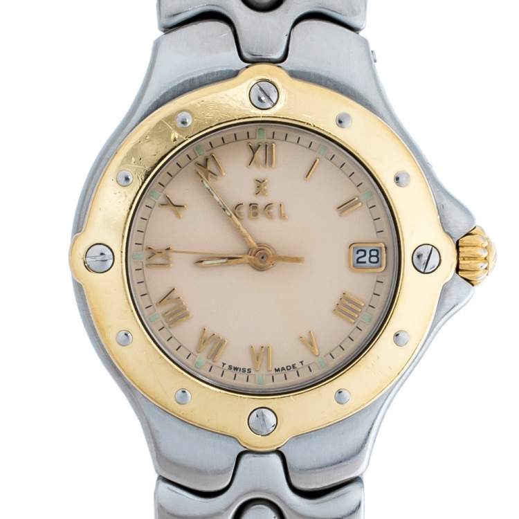 Pre Owned Ebel Beige Two-Tone Stainless Steel Sportwave E608762 Women's Wristwatch 28 mm