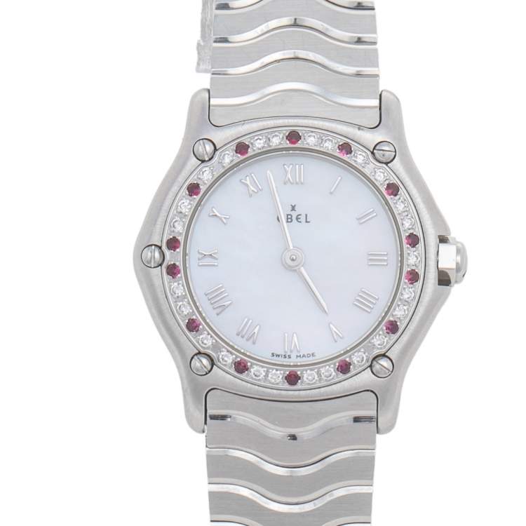 Pre Owned Ebel Mother of Pearl Stainless Steel Diamonds Classic Wave E91571169220 Women's Wristwatch 24 mm