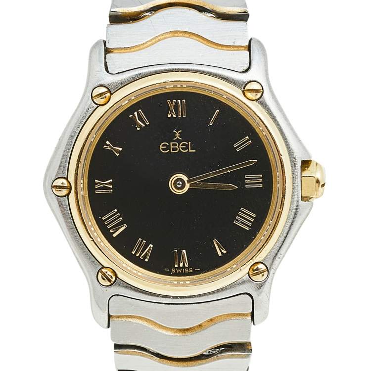 Pre Owned Ebel Black 18k Yellow Gold Stainless Steel Classic Wave 166901 Women's Wristwatch 24 mm