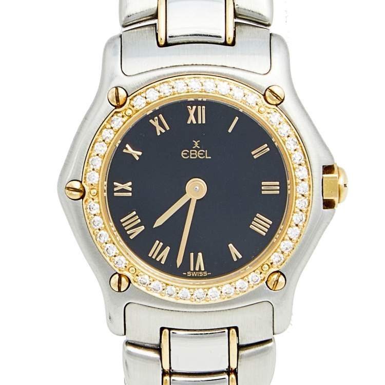 Pre Owned Ebel Black 18k Yellow Gold Stainless Steel Diamond 1057902 Women's wristwatch 24 mm 