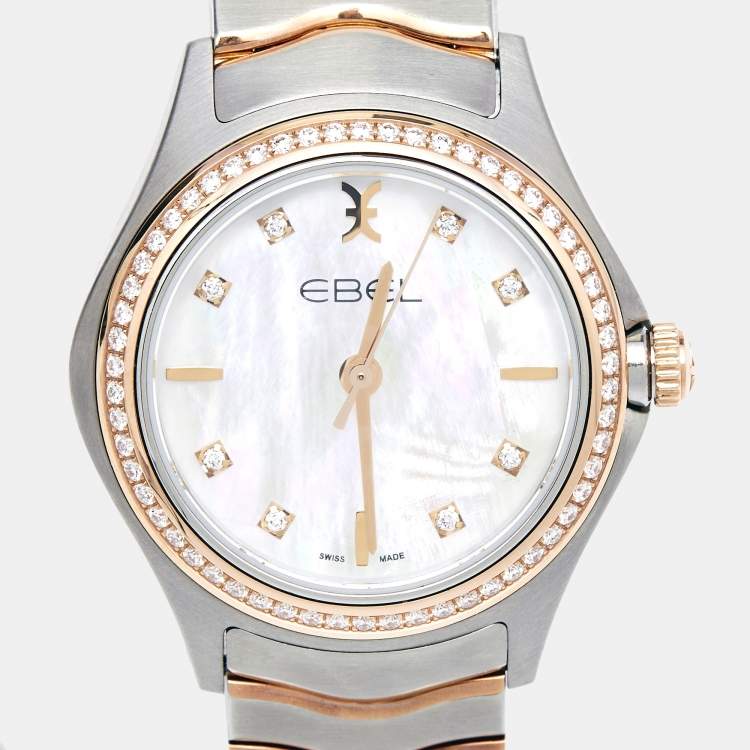 Pre Owned Ebel Mother of Pearl 18k Rose Gold Stainless Diamond Steel Wave 1216325 Women's Wristwatch 30 mm