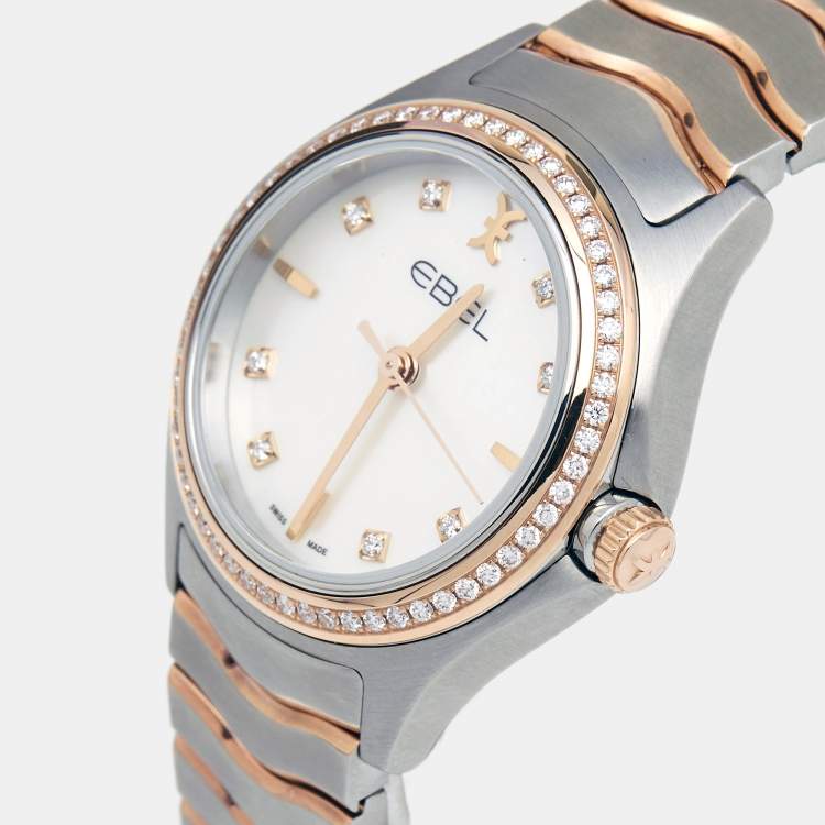 Pre Owned Ebel Mother of Pearl 18k Rose Gold Stainless Diamond Steel Wave 1216325 Women's Wristwatch 30 mm
