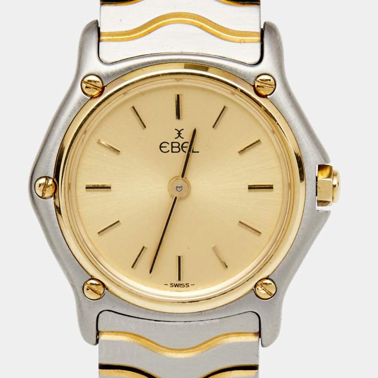 Pre Owned Ebel Champagne 18k Yellow Gold Stainless Steel Classic Wave 166901 Women's Wristwatch 24 mm