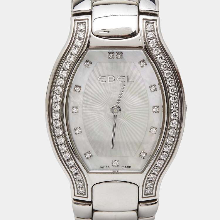 Pre Owned Ebel Mother of Pearl Diamond Stainless Steel Beluga Tonneau 9901G38 Women's Wristwatch 28 mm 