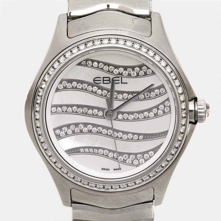 Pre Owned Ebel Mother of Pearl Diamond Stainless Steel Wave 1216270 Women's Wristwatch 30 mm