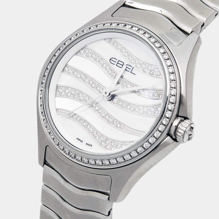 Pre Owned Ebel Mother of Pearl Diamond Stainless Steel Wave 1216270 Women's Wristwatch 30 mm