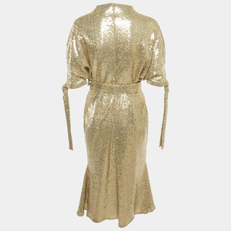 Pre Owned Edel'ine L'ee Gold Sequin Belted Pedernal Dress S