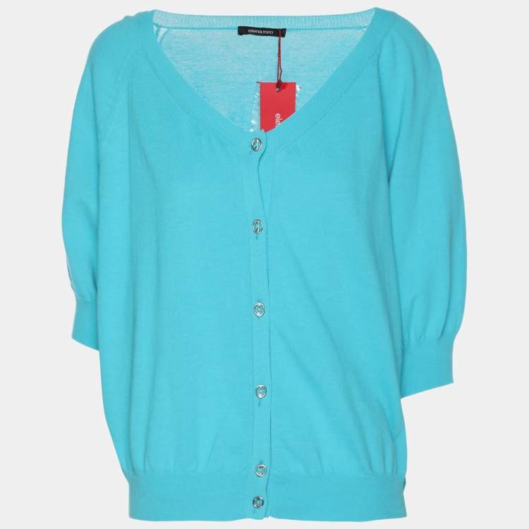 Pre Owned Elena Miro Teal Cotton Knit Button Front Crop Top XL