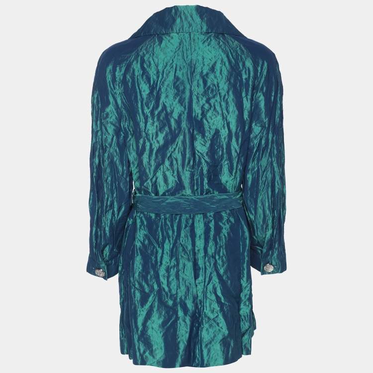 Pre Owned Elena Miro Metallic Green Taffeta Belted Trench Coat L