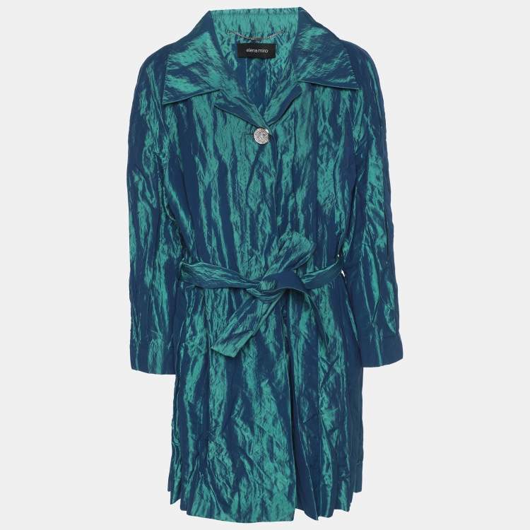 Pre Owned Elena Miro Metallic Green Taffeta Belted Trench Coat L