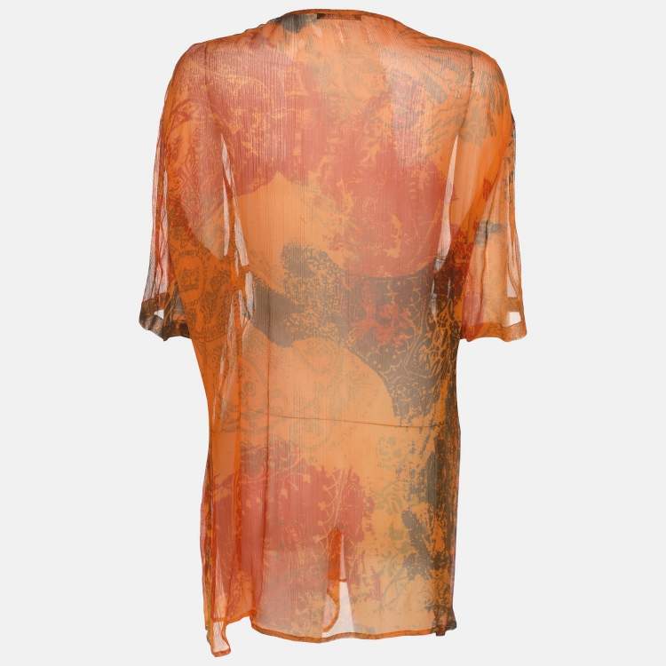 Pre Owned Elena Miro Orange Printed Chiffon Blouse L