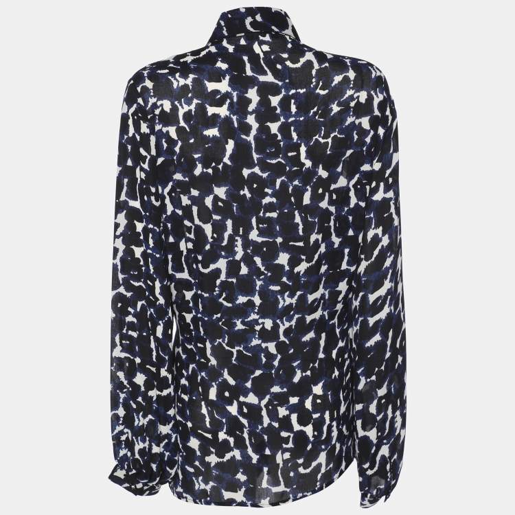 Pre Owned Elena Miro Blue Chiffon Georgette Print Long Sleeve Shirt L