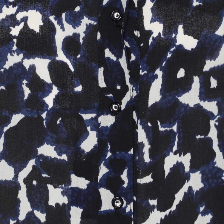 Pre Owned Elena Miro Blue Chiffon Georgette Print Long Sleeve Shirt L