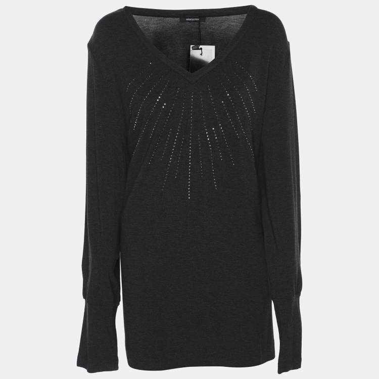 Pre Owned Elena Miro Dark Grey Jersey Embellished V Neck Top XXL