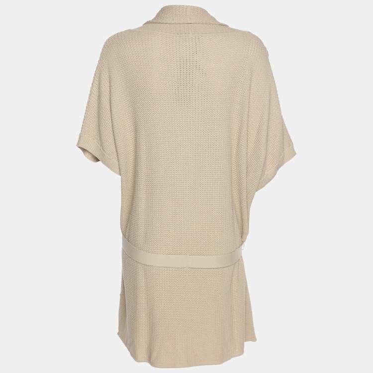 Pre Owned Elena Miro Beige Stretch Knit Belted Long Cardigan L