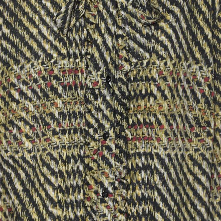 Pre Owned Elena Miro Multicolor Tweed Print Crepe Pintuck Neck Tie Shirt L