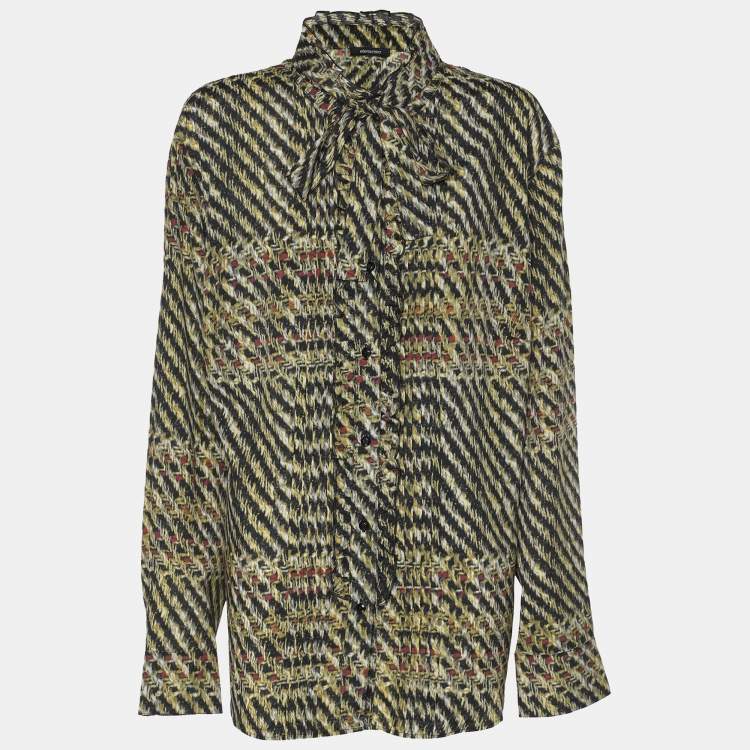 Pre Owned Elena Miro Multicolor Tweed Print Crepe Pintuck Neck Tie Shirt L