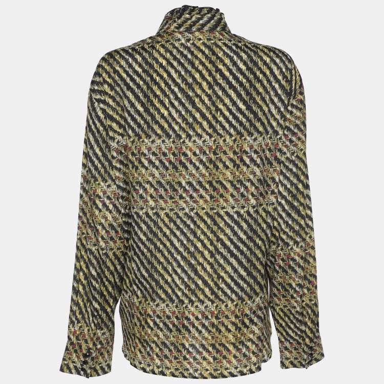 Pre Owned Elena Miro Multicolor Tweed Print Crepe Pintuck Neck Tie Shirt L