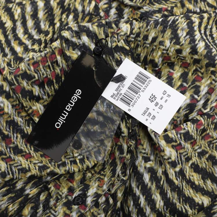 Pre Owned Elena Miro Multicolor Tweed Print Crepe Pintuck Neck Tie Shirt L