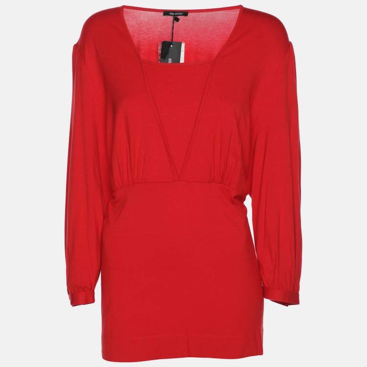 Pre Owned Elena Miro Red Jersey V Nick 3/4 Sleeve Blouse L