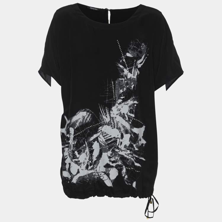 Pre Owned Elena Miro Black Printed and Crystal Embellished Drawstring Tops L