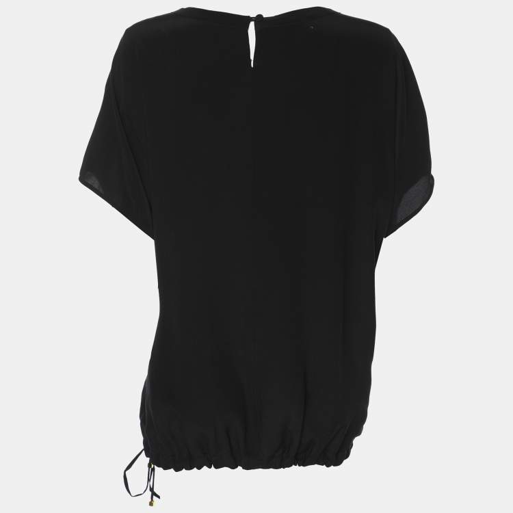 Pre Owned Elena Miro Black Printed and Crystal Embellished Drawstring Tops L