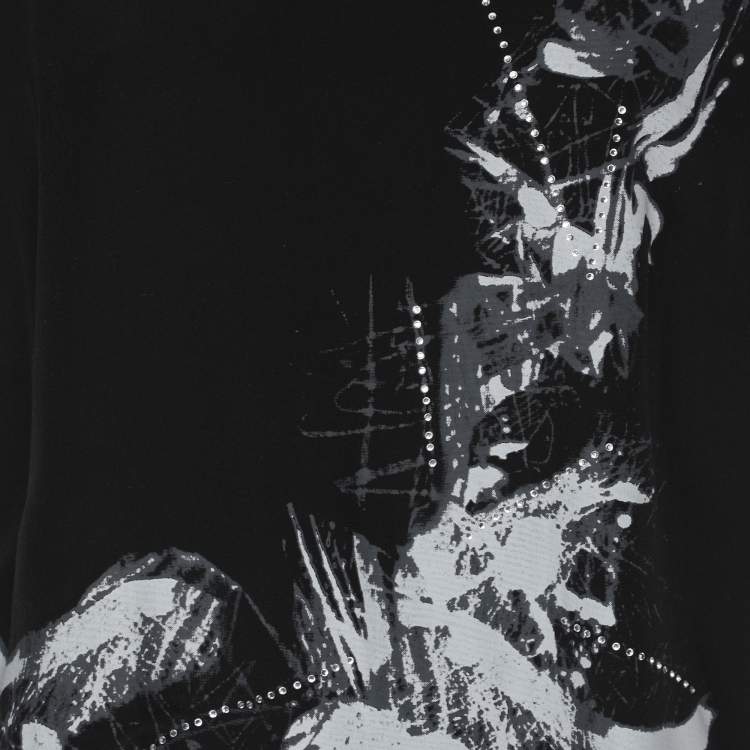 Pre Owned Elena Miro Black Printed and Crystal Embellished Drawstring Tops L