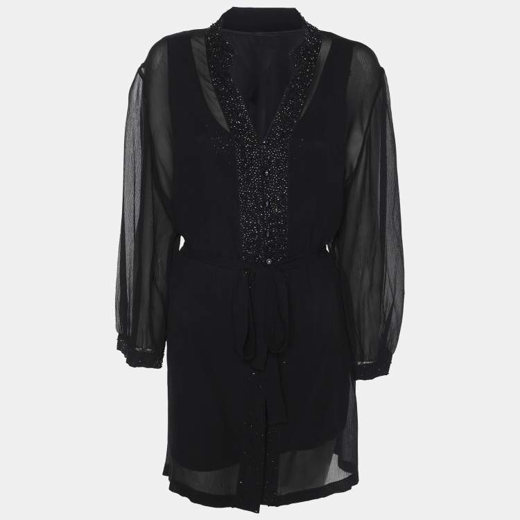 Pre Owned Elena Miro Black Chiffon Embellished Long Sleeve Shirt Set XL