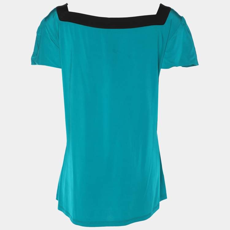 Pre Owned Elena Miro Green/Black Jersey Square Neck Cap Sleeve Top L