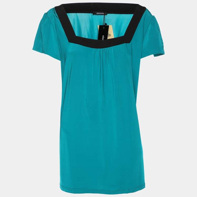 Pre Owned Elena Miro Green/Black Jersey Square Neck Cap Sleeve Top L