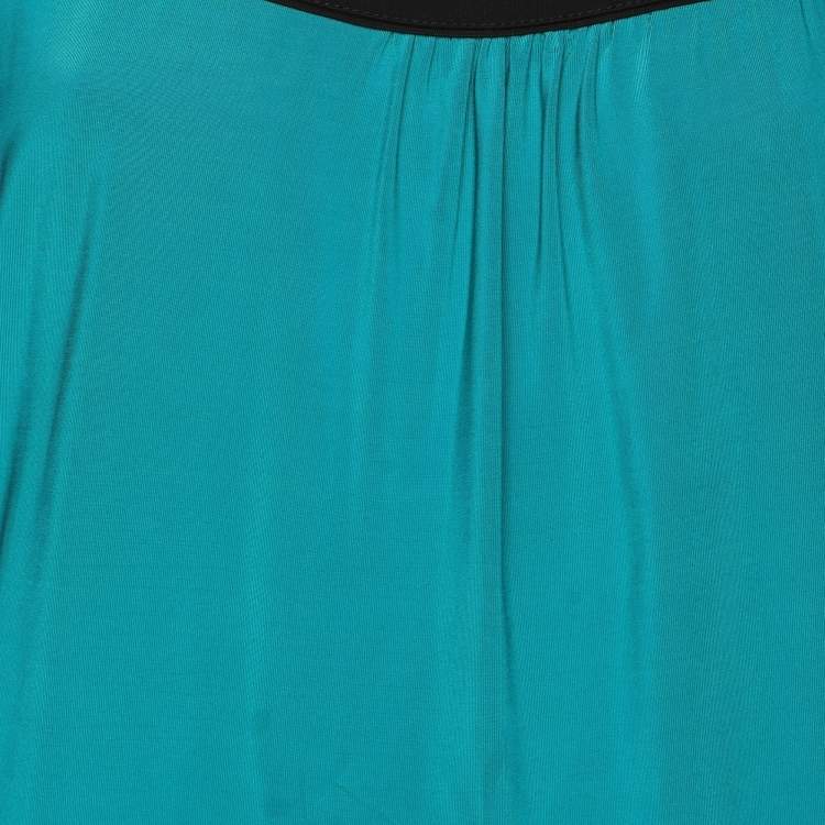 Pre Owned Elena Miro Green/Black Jersey Square Neck Cap Sleeve Top L