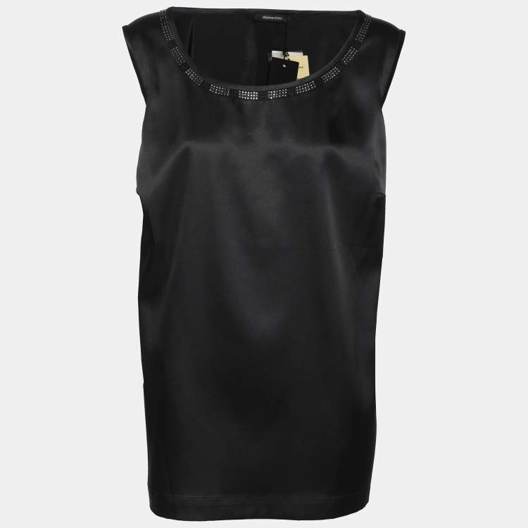Pre Owned Elena Miro Black Satin Crystal Embellished Sleeveless Camisole L