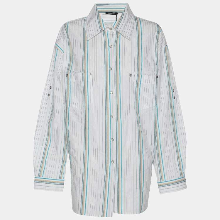 Pre Owned Elena Miro White Striped Cotton Button Front Shirt XL