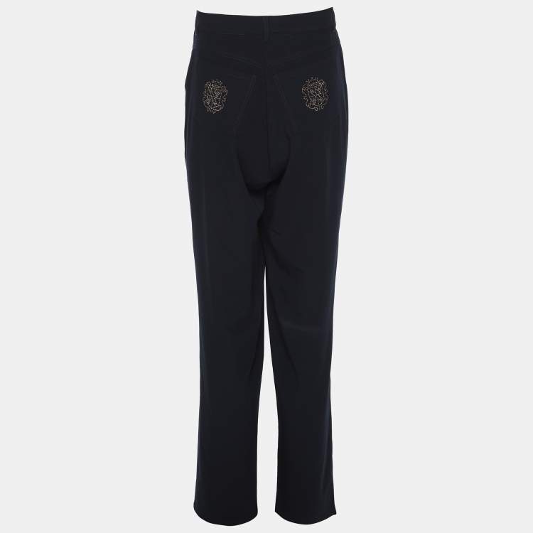 Pre Owned Elena Miro Navy Blue Satin Pocket Embellished Trousers XL
