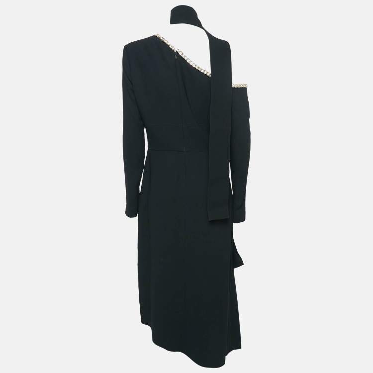 Pre Owned Elie Saab Black Chain Detail Jersey Asymmetric Midi Dress With Scarf M