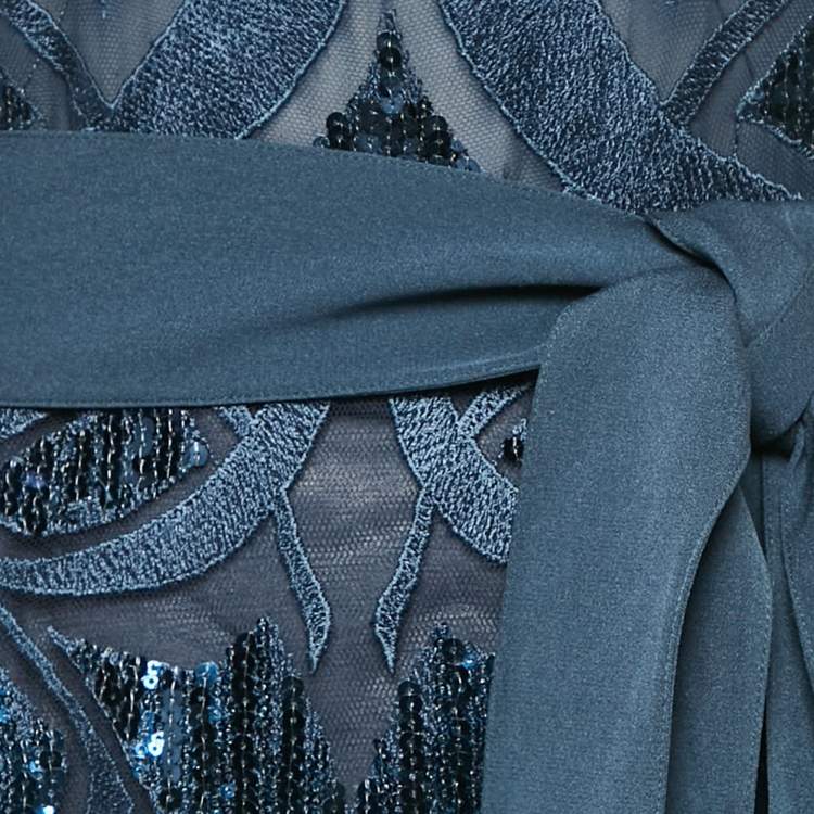 Pre Owned Elie Saab Orion Blue Sequin Embroidered Tulle Sleeveless Gown S