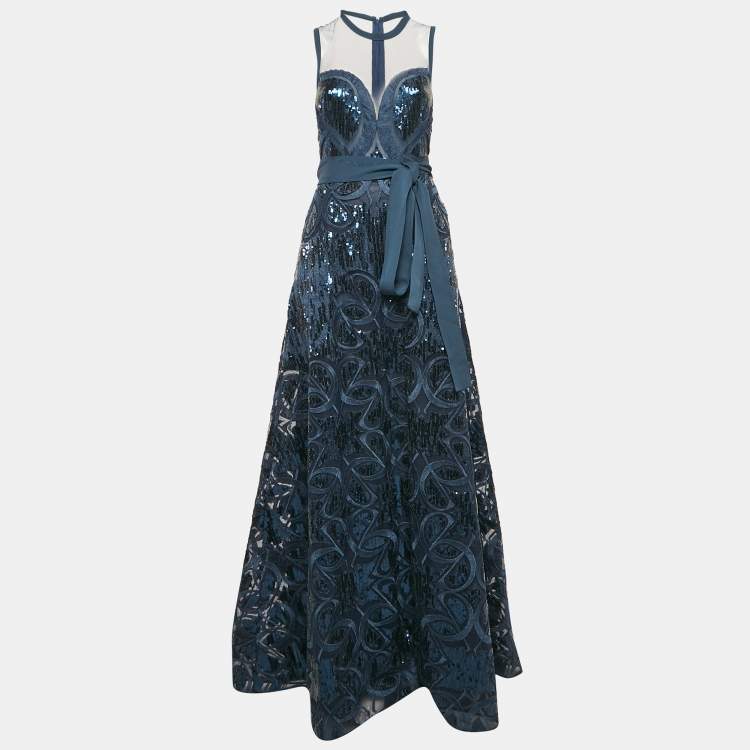 Pre Owned Elie Saab Orion Blue Sequin Embroidered Tulle Sleeveless Gown S